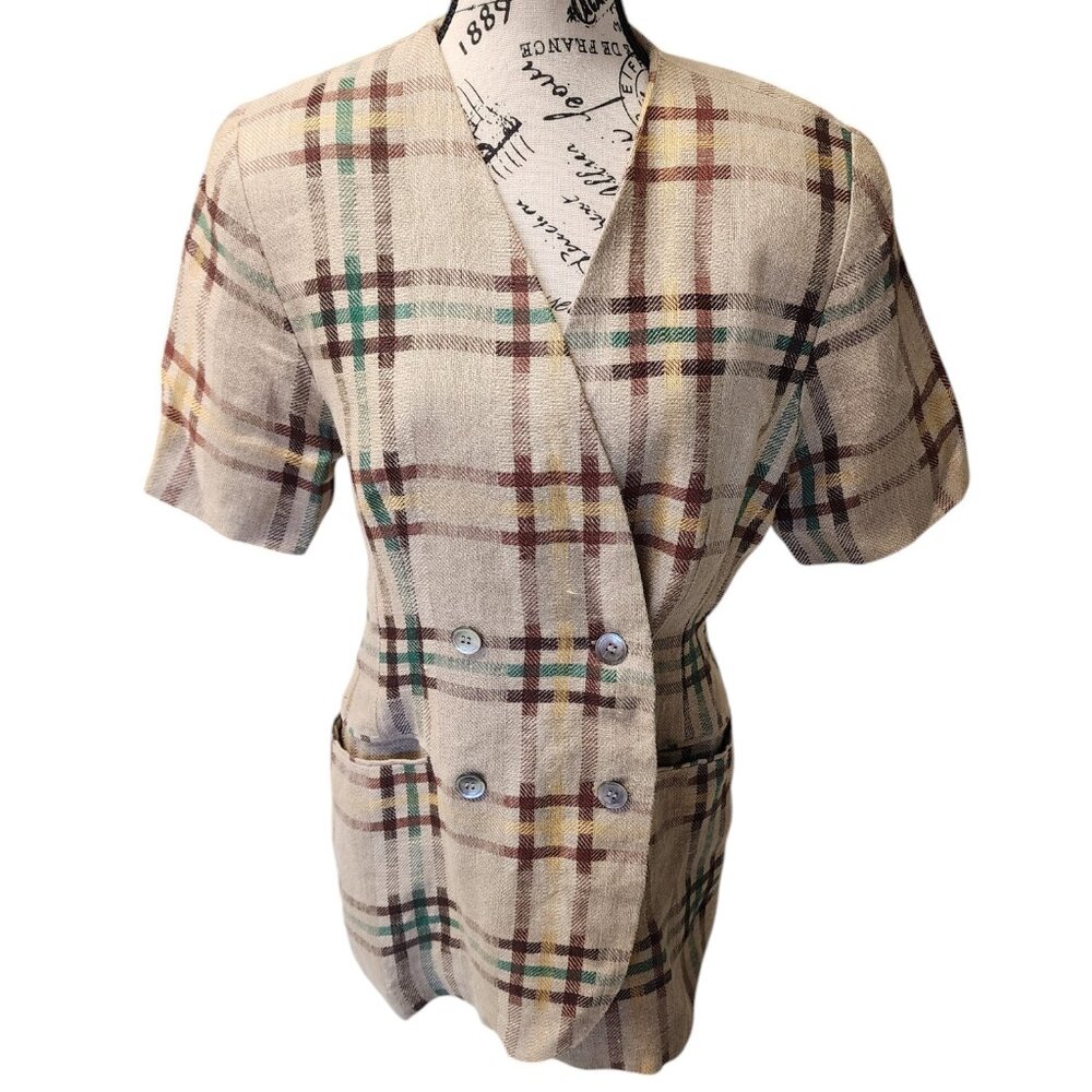 Vintage Mixage Linen Blazer Plaid Double Breasted Women's Size 38 Lightweight